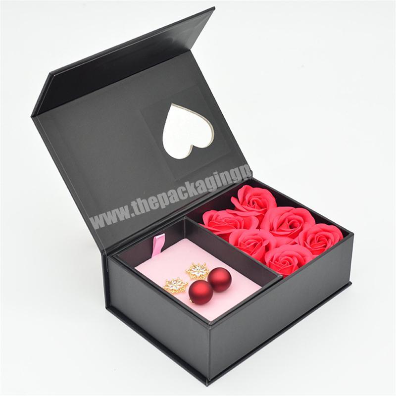 Custom Logo Earring Packaging Gift Box With Heart Shaped Window Black Magnetic Jewelry Boxes