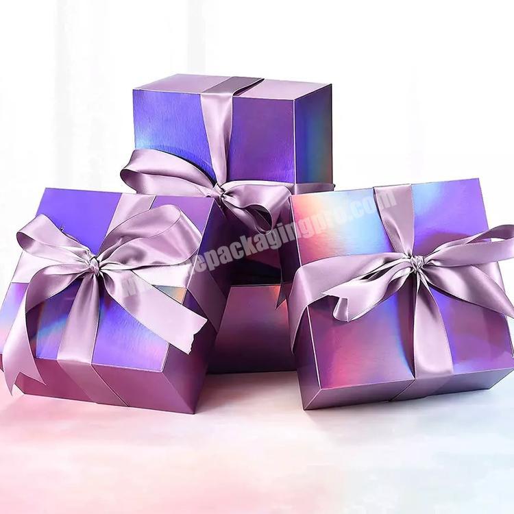 Custom Printed Holographic Small Luxury Wedding Party Favors Packaging Pink Box For Chocolate Candy With Ribbon