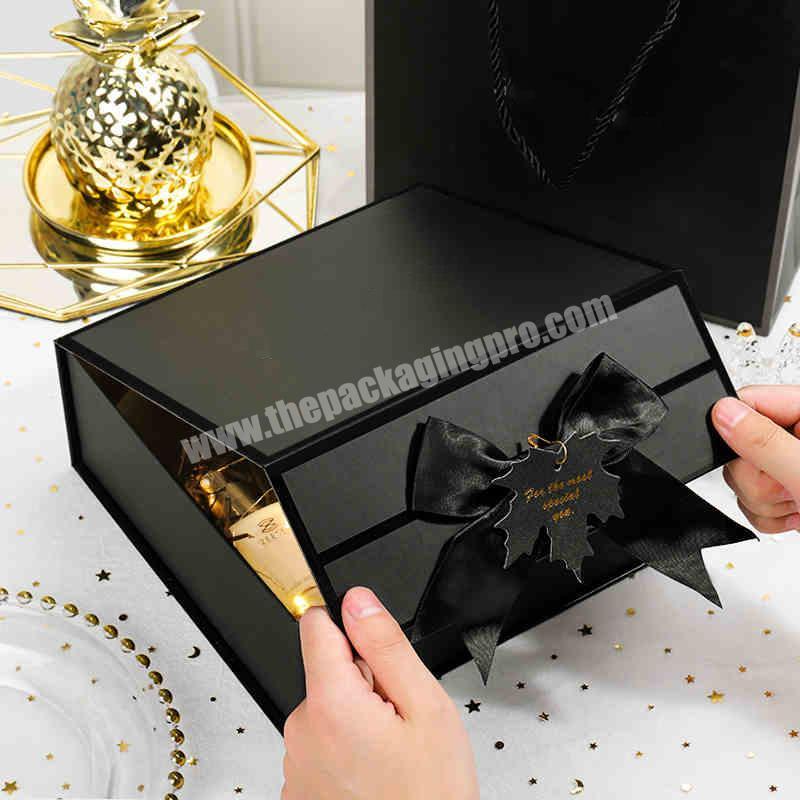 Custom black luxury gift packaging box folding cardboard ribbon bow birthday gift boxes