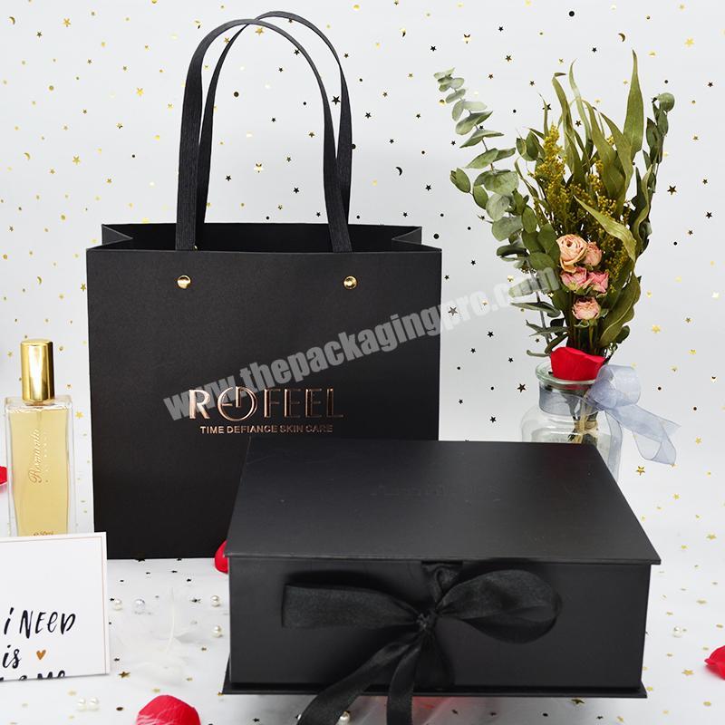 Custom luxury large black cardboard paper clothing gift packaging box with ribbon art