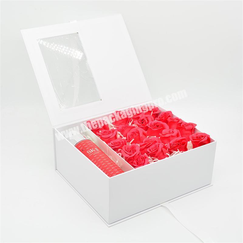 Custom luxury white flower gift box ribbon bow closed rigid paper book shape packaging box