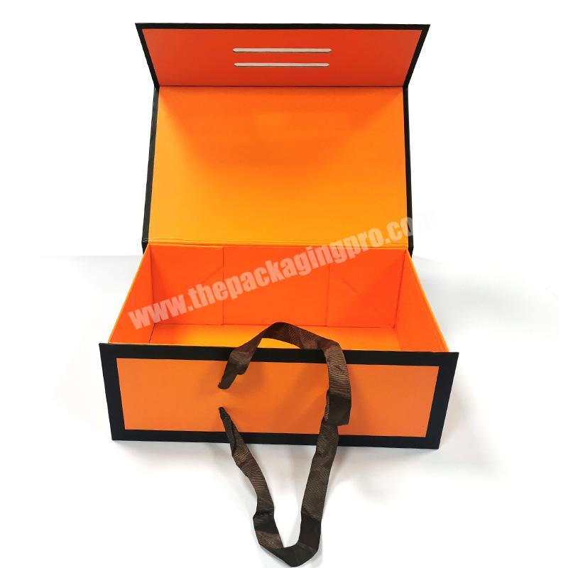 High quality magnet box custom logo flip-open collapsible rectangular rigid cardboard gift box for Garments with ribbon handle