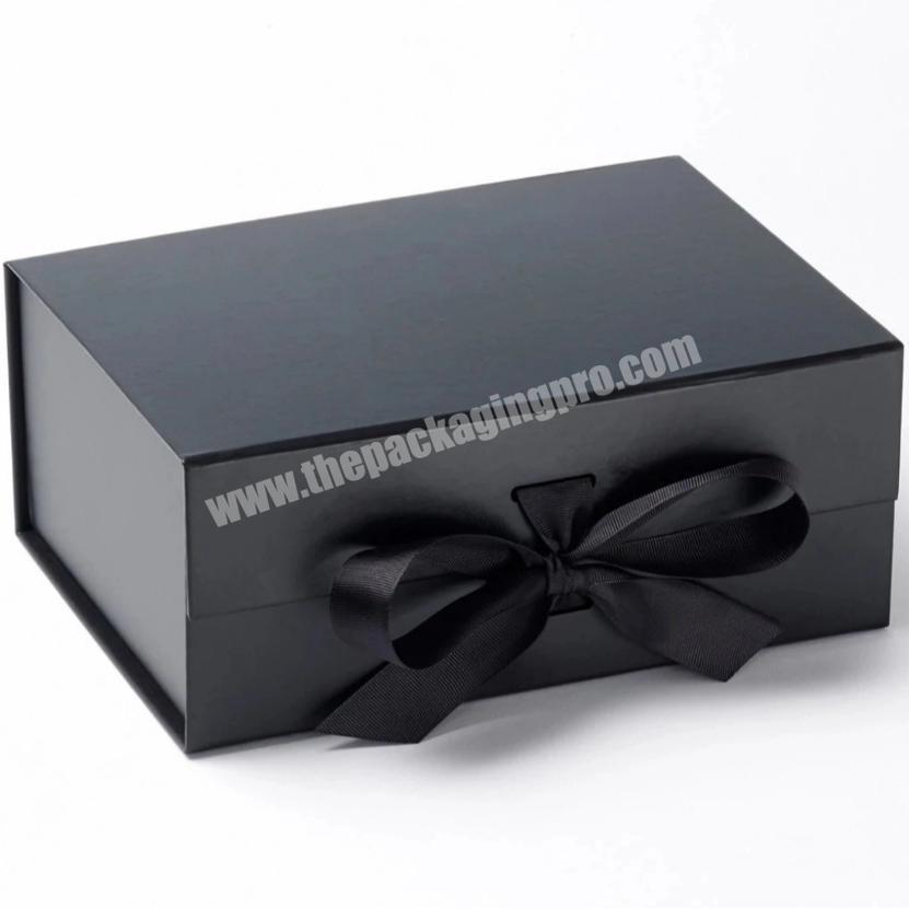 Luxury Custom Logo Folding Magnetic Closure Large Black Paper Flat Packaging Box With Ribbon