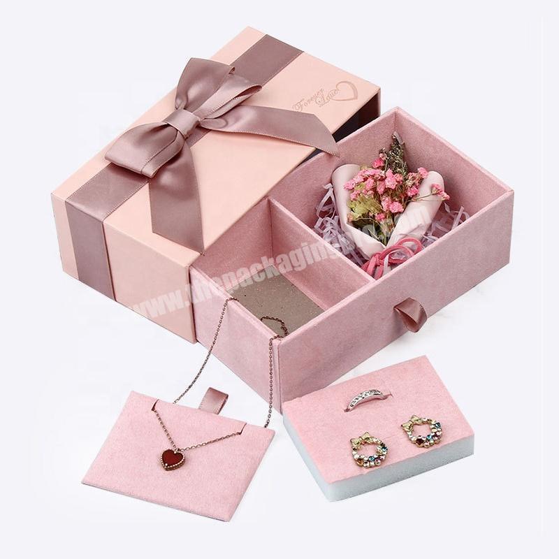 Luxury Unique Custom Logo Paper Jewellery Gift Packaging Drawer Box Bracelet Necklace Ring Earing Pink Velvet Jewelry Box
