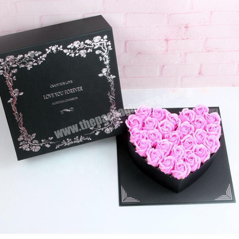 Square Black Paper Cardboard Rose Boxes Covered Heart Shaped Candy Flower Soap Gift Packaging Box