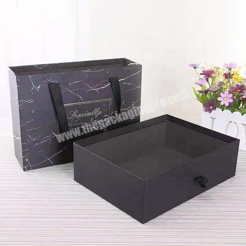 Wholesale Personalized Custom Rigid Sliding Out Drawer Box Fancy Black Marble Gift Box for Clothing Shoe Wig With Ribbon Handle