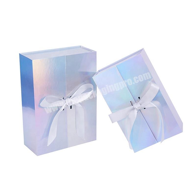 Whosale Elegant Wedding Holographic Cardboard Magnetic Folding Boxes Packaging With Ribbon