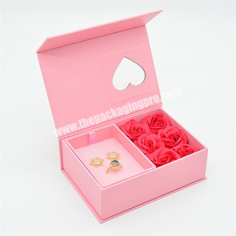Wholesale Pink Magnetic Flower Gift Box Custom Logo Cardboard Earring Jewelry Box with Window For Valentine's Day Gift