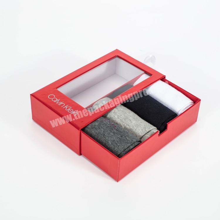 3 Colors options Paper Gift Box With Sliding Lid, Clear Window Drawer Box For Socks Packing