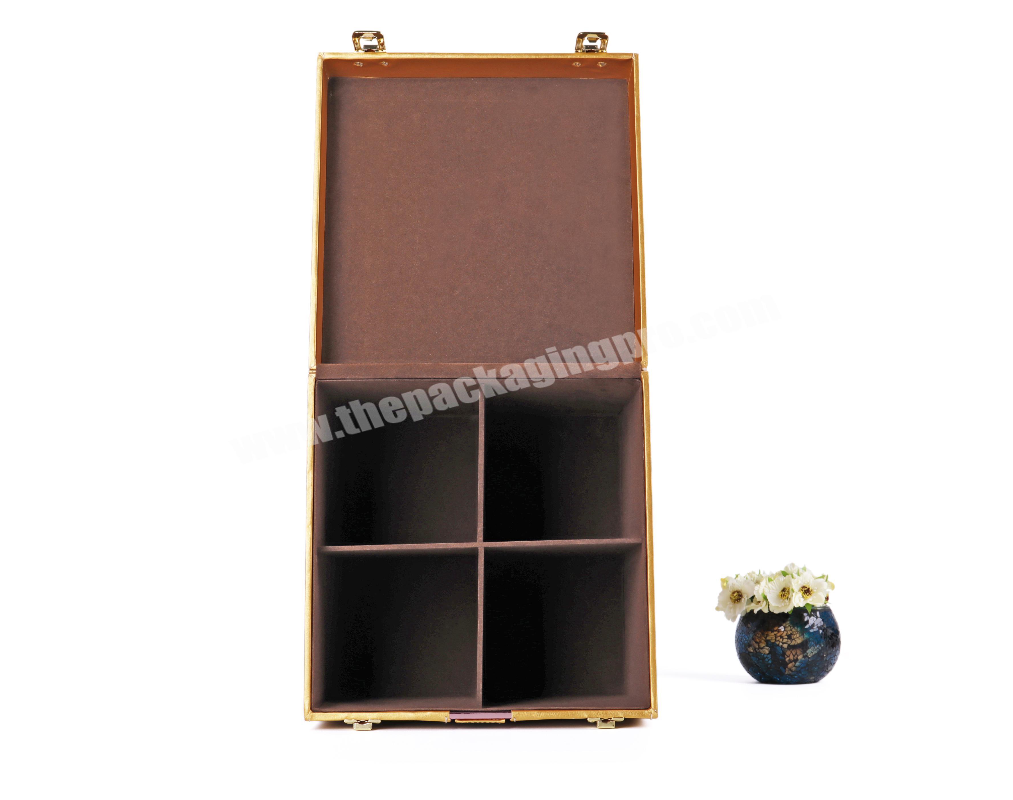 4 slots leather empty MDF wooden four wine bottle boxes for wine