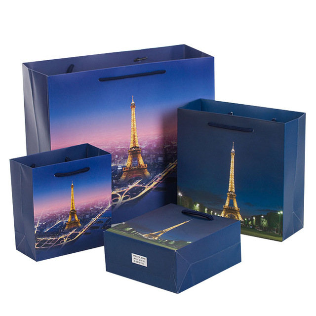 5PCS European Eiffel Tower clothing Gift paper bag packaging shopping twill wedding birthday bag 14*15*7cm 20*20*8cm 30*27*12cm
