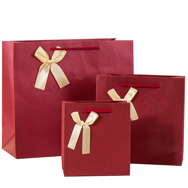 5PCS Red Gift paper bag packaging shopping twill wedding birthday gift bag Bow tie father's day 14*15*7cm 20*20*8cm30*27*12cm