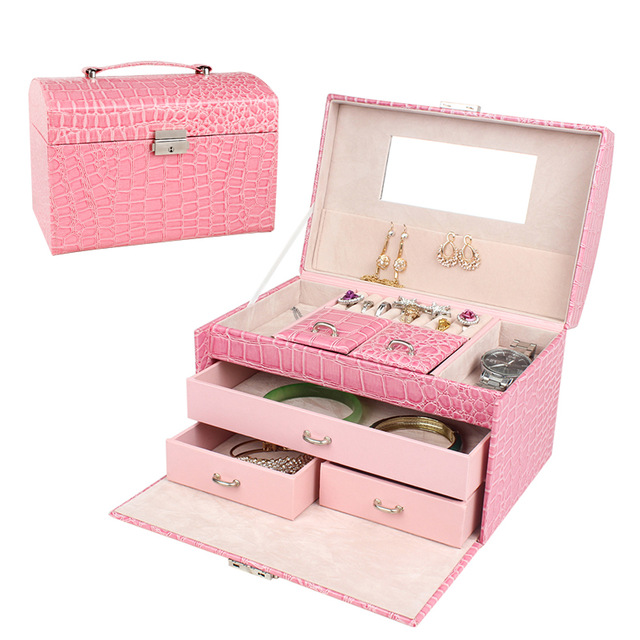 Fashion Jewelry Box Three Layer Large Crocodile Pattern Makeup Case Princess casket with Lock Jewelry Storage Gift Box Red/Black