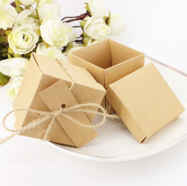 Free Shipping 50pcs Kraft Paper Square Chocolate Boxes Favor Boxes Wedding Candy Box Gift Box with Cards & Hemp Rope Supplies