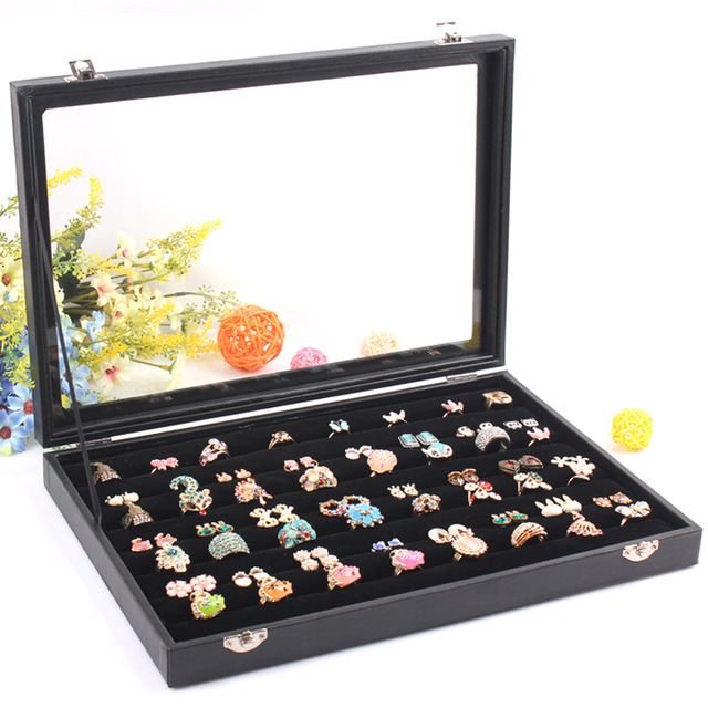 Free Shipping Crystal Earring Ring Display Box PU Leather Edged Glass Cover Storage Tray Box Jewelry Storage Showcase Display