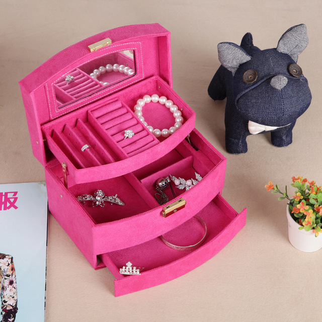 Guanya Four color Flannelette jewelry box 3 layers jewelry holder Automatic wood storage box watch box for girl gift