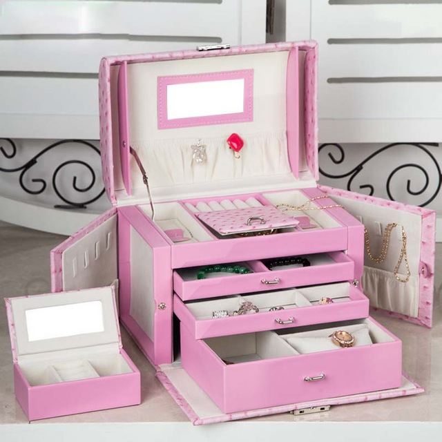 Hot Sale Large Jewelry Box Women Gift Travel Makeup Organizer Alligator Pattern Case with Mirror Jewelry Organizer Box