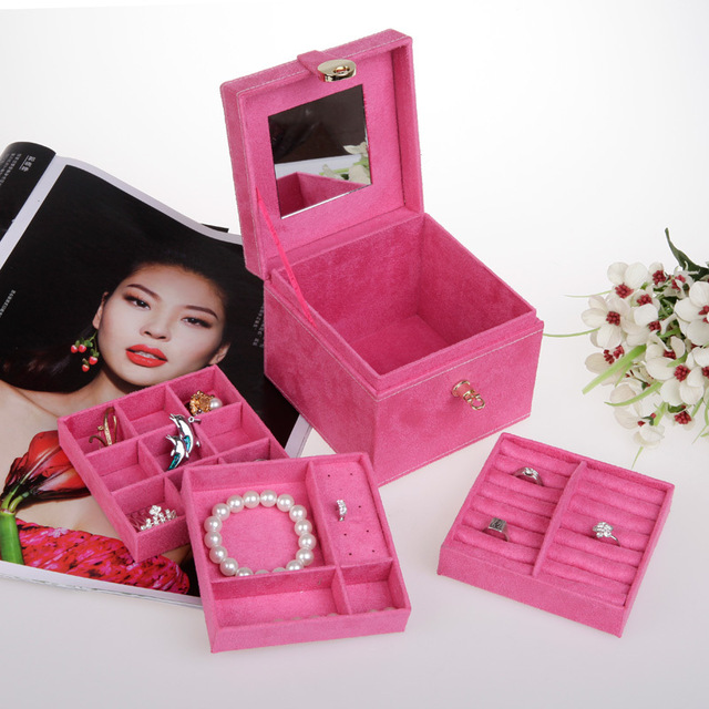 Multi-color flannelet jewelry box birthday wedding gift 670-a8 Three-inner-tray Ornament Organizer box Tabletop Decoration