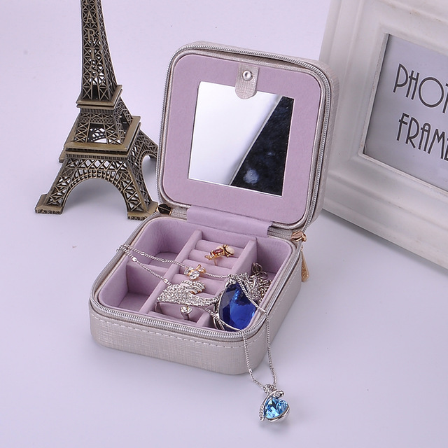 Travel Makeup Organizer Faux Leather Casket Fashion Women's Gift Mini Jewelry Box with Velvet Mirror and Zipper