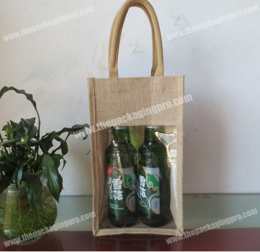 Beautiful Small 2 Window Jute Wine Bag with Handles
