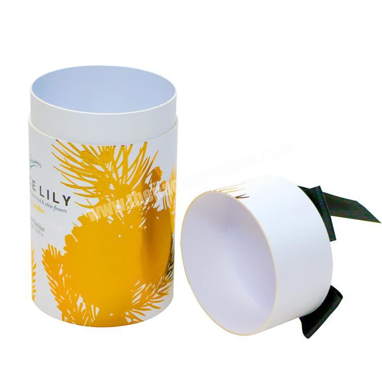 Beauty Gold hot stamping round box with tie ribbon rigid box packaging