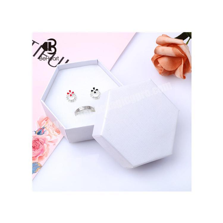 Beheart Customize Printing Logo White Sponge Cotton Filled Hexagon Paper Earring Studs Ring Jewelry Packaging Lid And Bottom Box