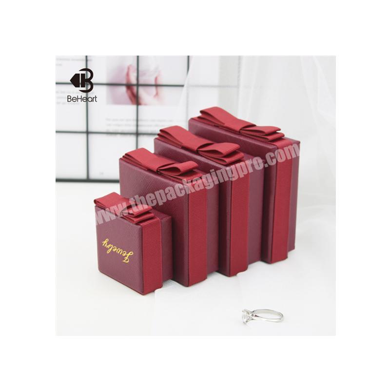Beheart High Quality Custom Red Cheap Pu Leather Paper Earring Bracelet Jewelry Packaging Box Set With Ribbon