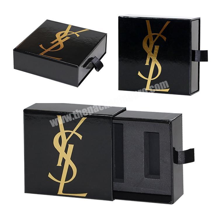 Black box with Custom Gold LOGO cosmetic Drawer cosmetic paper box Paper Drawer box with Black EVA