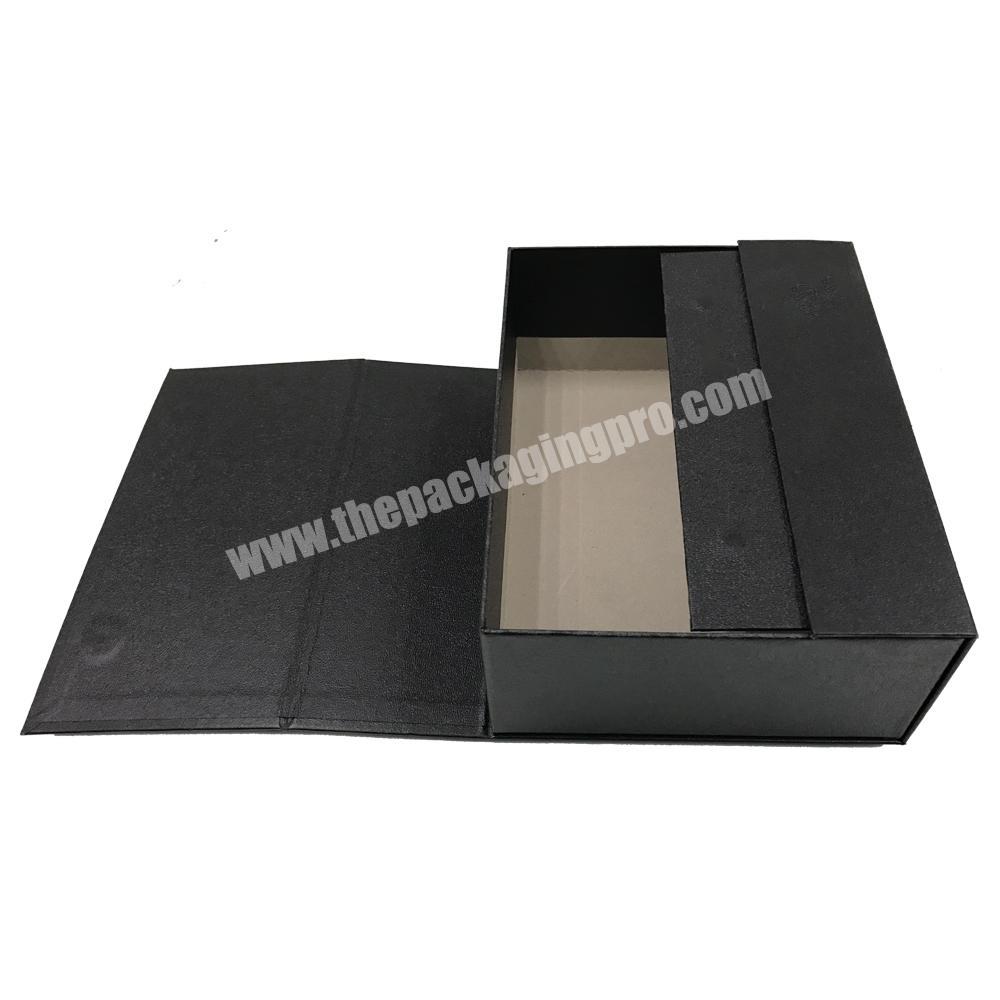 Black custom magnetic closure cardboard box in the middle open