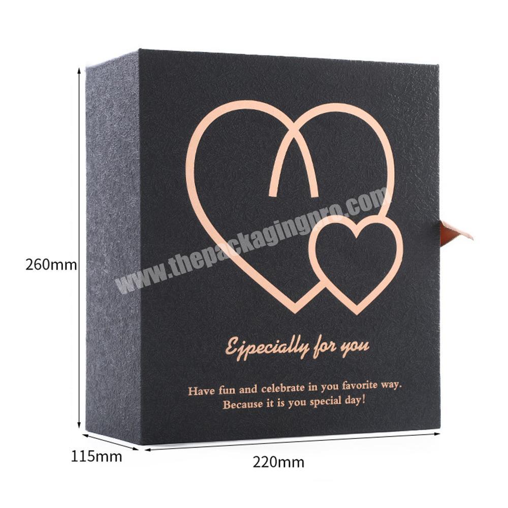 Black Fashion Foldable Rigid Cardboard Gift Box With Ribbon For Flower And Festival Gift