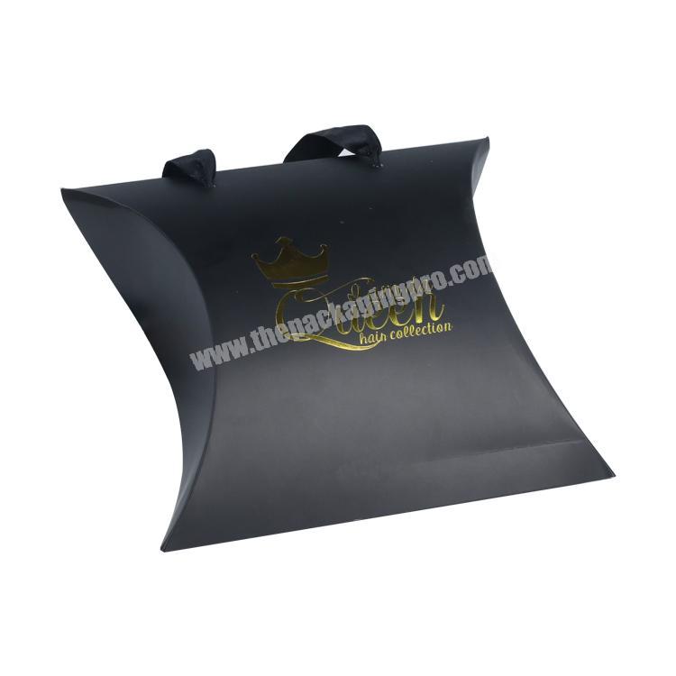 Black gold stamp pillow shape paper hair packaging boxes with silk ribbon