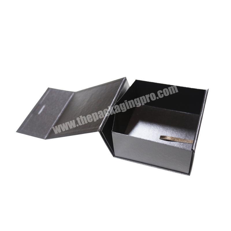 Black leatherette paper custom printed magnetic flat foldable gift box cardboard with ribbon
