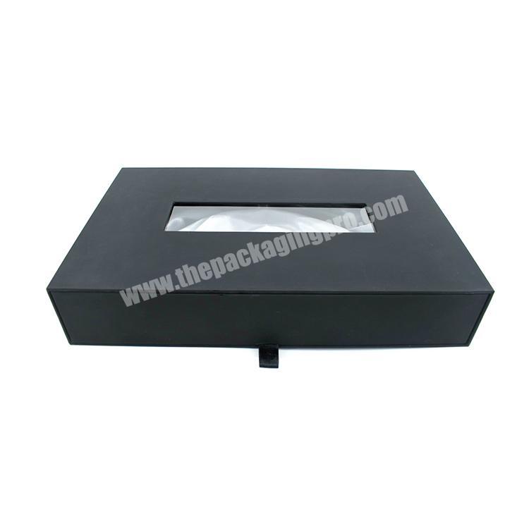 Black Ribbon Clear Window Hair Packaging Box with Silver Satin Inlay