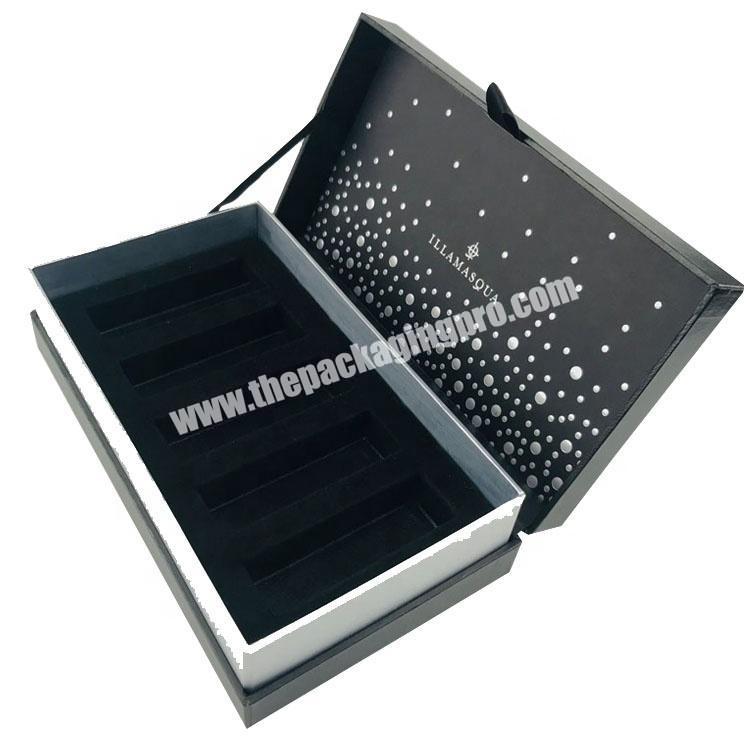 black shoulder neck clamshell skin care paper box with ribbon puller and blister insert