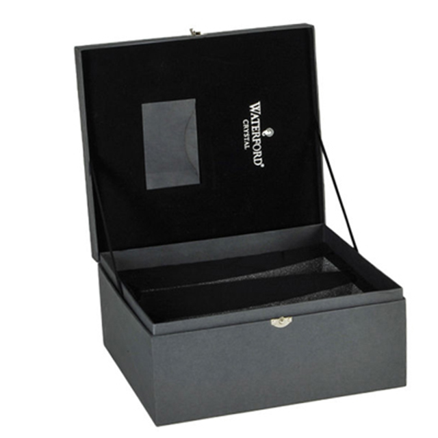 Black flocked lined two champagne wine glass box with hangle lid