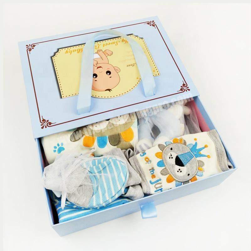 Blue Color Lovely Artful Designing Baby Jumpsuit Clothes Packaging Box With Ribbon Handles