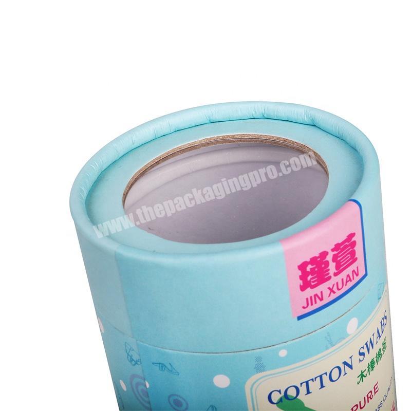Blue cotton swabs cardboard cylinder packaging with clear PVC plastic window