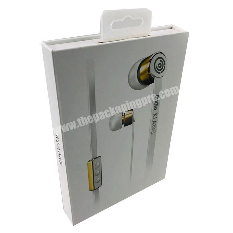 book shape cardboard magnetic cover spot glossy UV earphone box with plastic hook