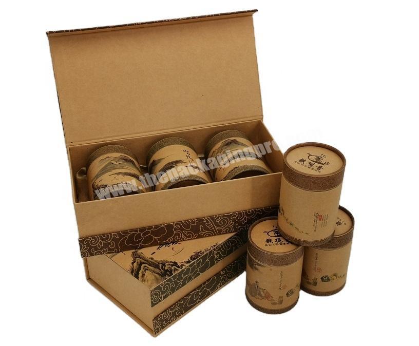 Brown Bookshape Kraft Gift Box with Three Rolled Edge Paper Cans for Tea Packaging