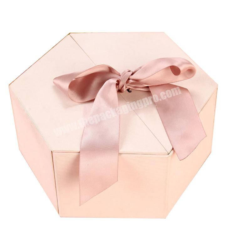 Cardboard Custom Hexagon Paper Rigid Box High Quality Folding Box Ribbon Closures Gift Box Paper With Silk Ribbon