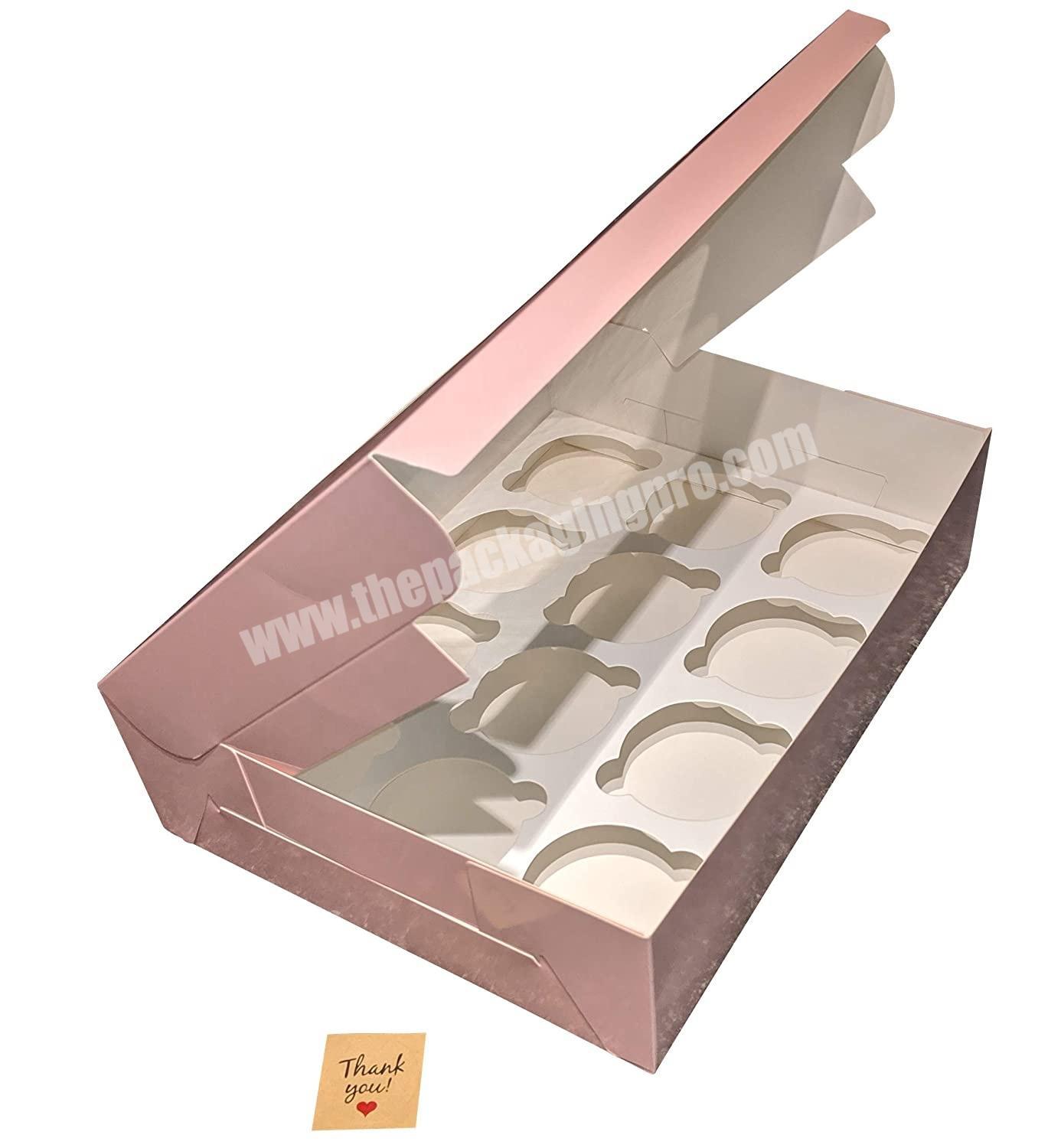 CarePack Pink Bakery Boxes with Windows and Inserts for 12 Cupcakes Muffins Pastries Baked Goods