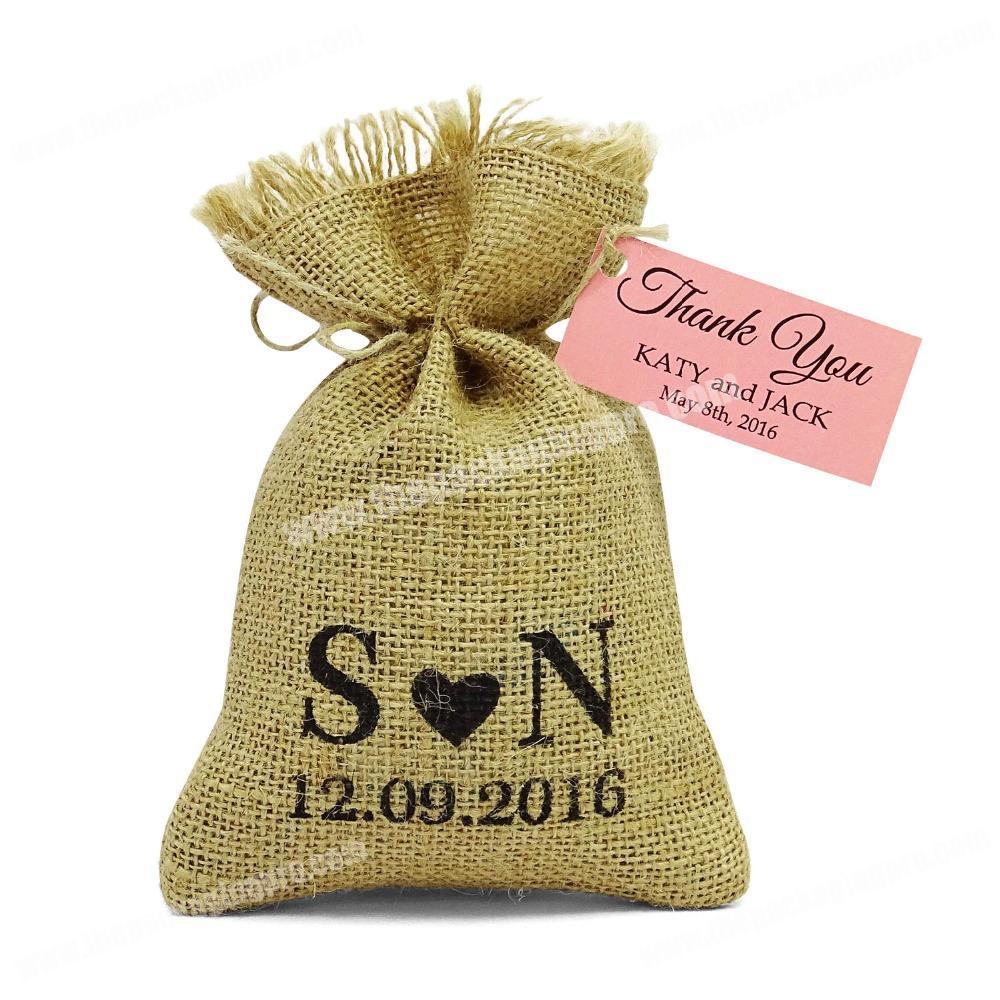 Charming wedding jute drawstring pouch bag with custom tags