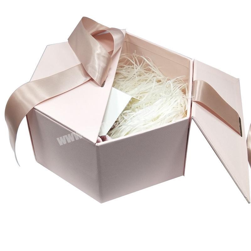 China Factory Hexagon box style gift packaging top opening gift paper box with ribbon to match