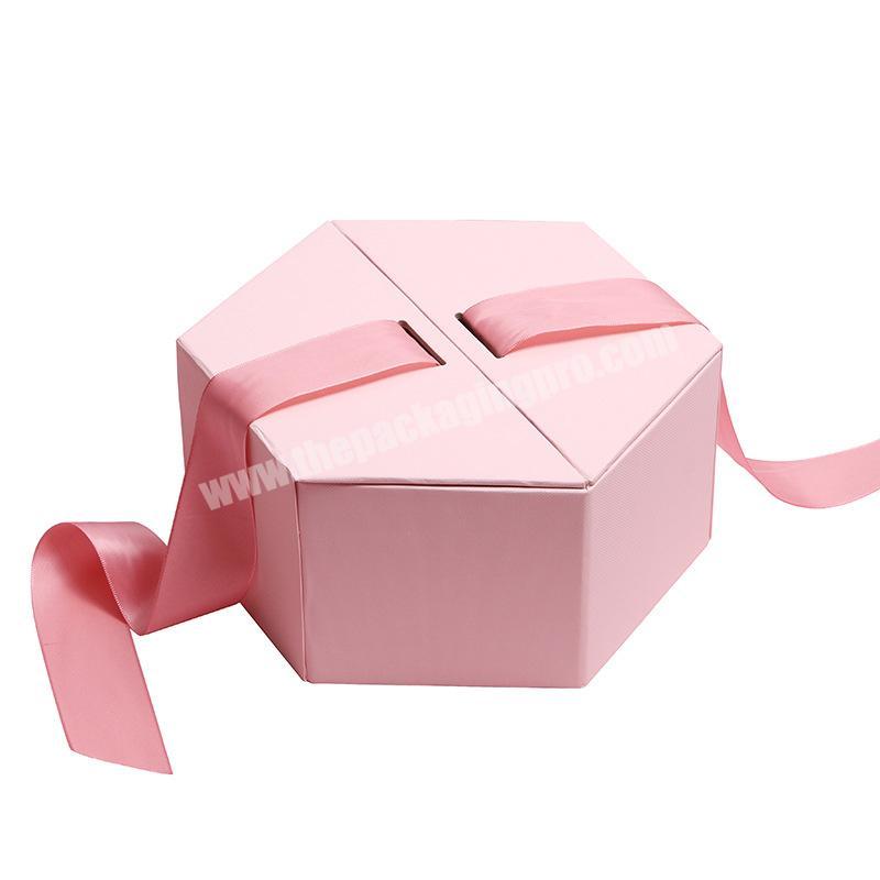 China Factory Hexagon style  offset printing gift packaging paper box middle opening candy packing wedding gift  box