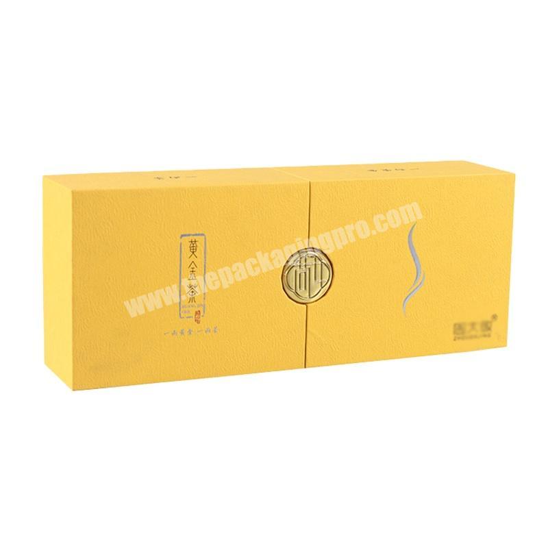 China Factory Yellow printing two lid tea packaging paper gift box with gold embossing logo