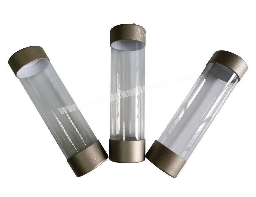 Clear PET Cylinder Canister Paper Rolled Edge Top And Bottom Tube With Ribbon