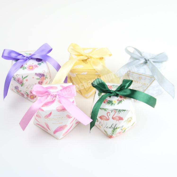 Custokm new design unique folding gift wedding candy box with ribbon