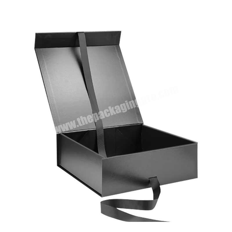 Custom A4 size black magnetic folding gift box with fixed ribbon
