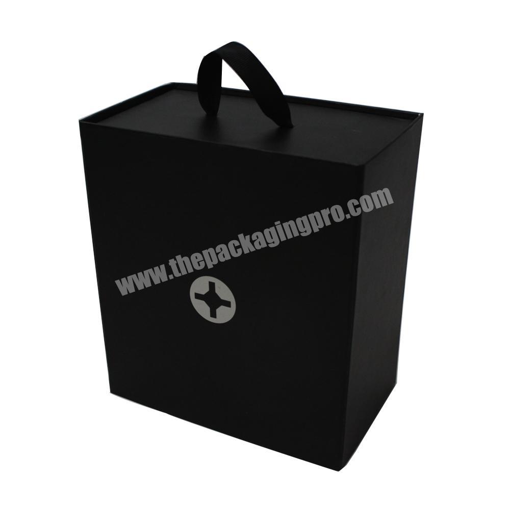 custom black clamshell packaging cardboard box with handle