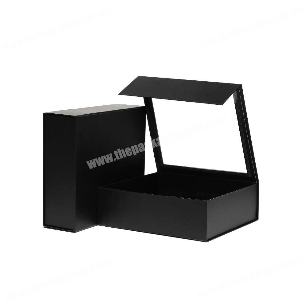 Custom black folding paper gift box with clear pvc window